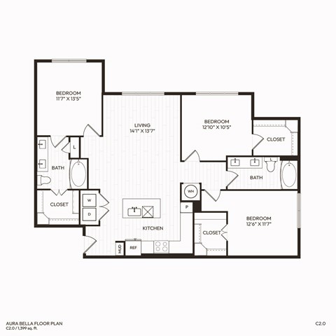 Floor plan for 3 beds, 2 baths, 1399 sqft